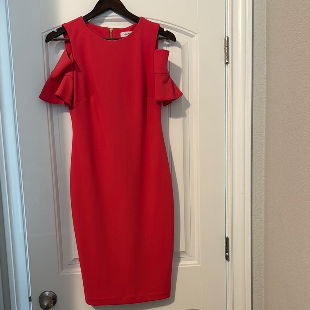 Calvin Klein Red Sheath Dress with Cold Shoulder and Flutter Sleeves